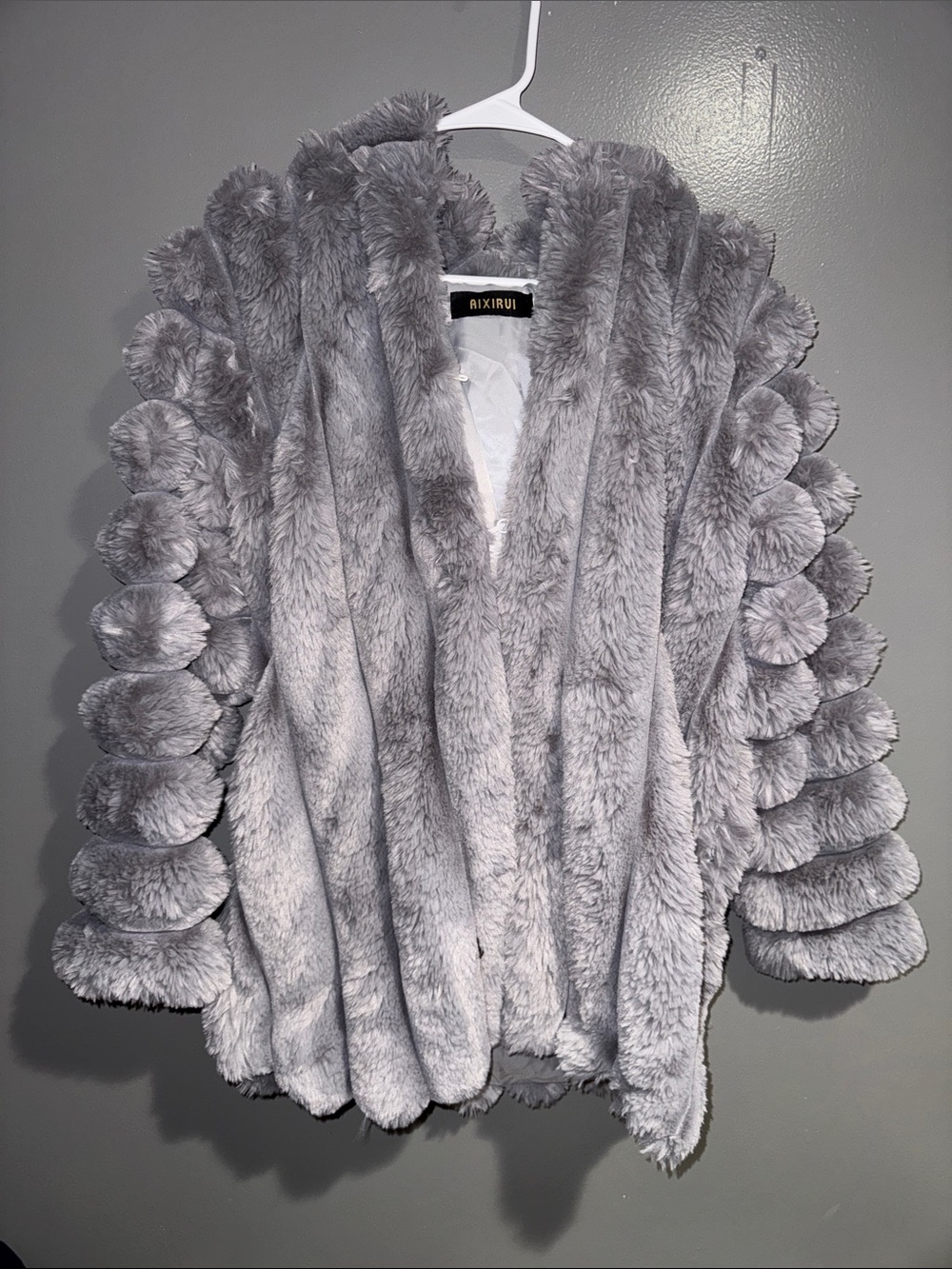 Women's Plush Gray Teddy Jacket with Scalloped Sleeve Detail